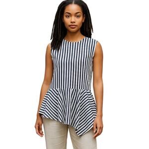 Monographie Blue and White Striped Ruffled Long Asymmetric Top- Size Small